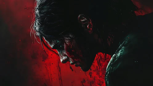 Bloodied warrior profile against intense crimson field.