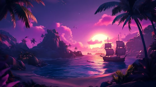 Tropical Bioluminescent Sunset with Galleon Silhouette. Digital.