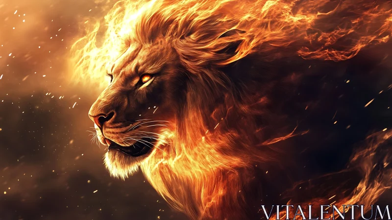 Digital painting of a lion forged from blazing fire arcs.