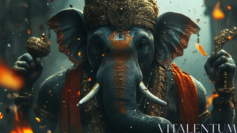 Elephant headed deity statue rendered with dramatic digital lighting
