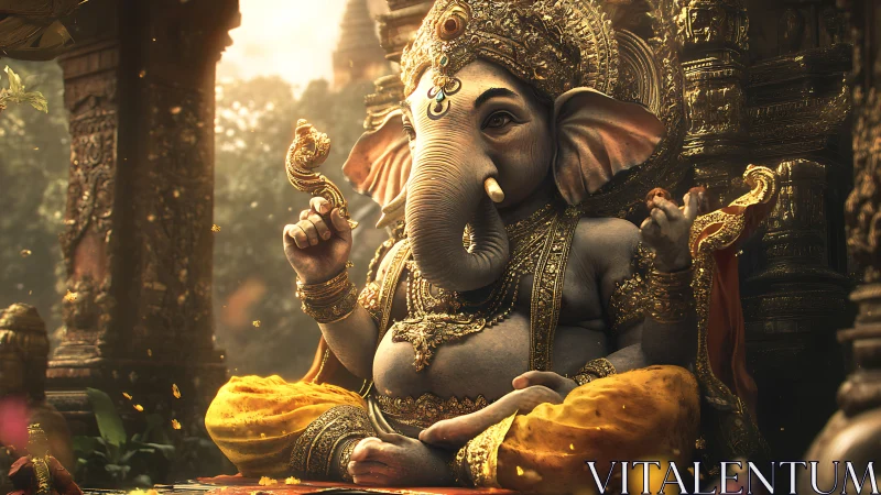 Ornate 3D Ganesh sculpture in golden temple lighted ambience.