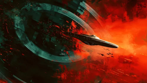 Sleek starship breaking orbit through vivid red nebula.