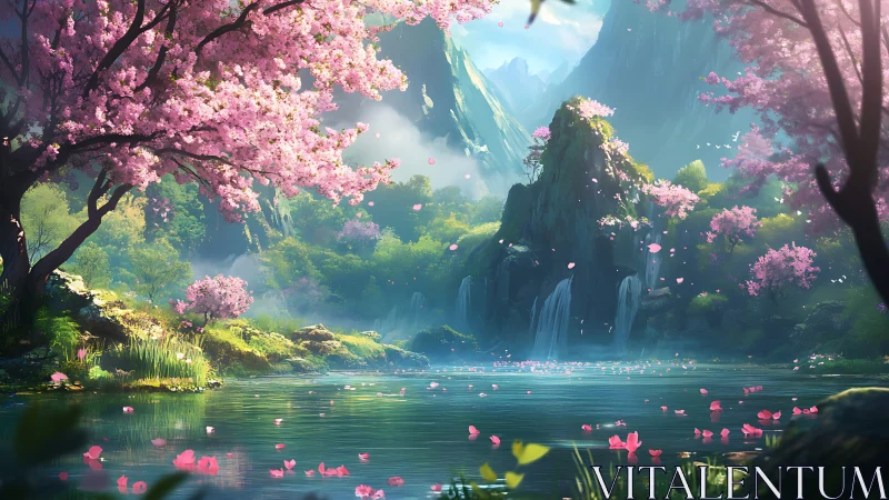 Cherry blossom valley with waterfalls and reflective lake.