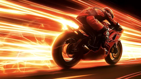 Motorcycle racer cutting through blazing neon light trails.