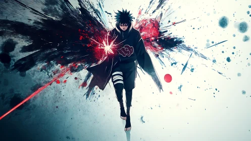 High-contrast anime warrior with radial energy burst and splatter field