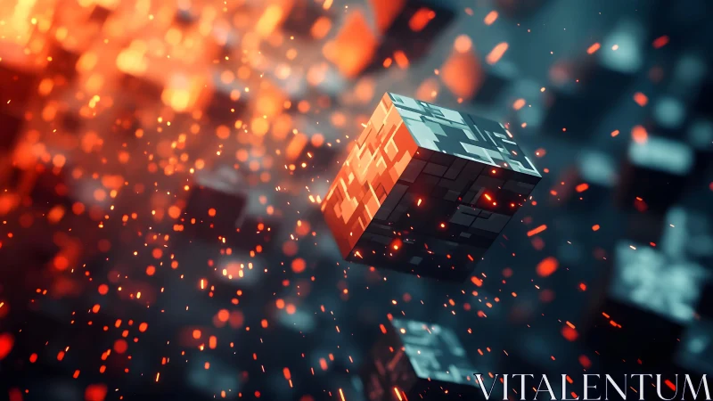 Futuristic Digital Cube in Fiery Abstract Space, 3D Rendered Art.