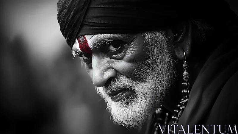 Monochrome close portrait of elderly man with tilak and jewelry.