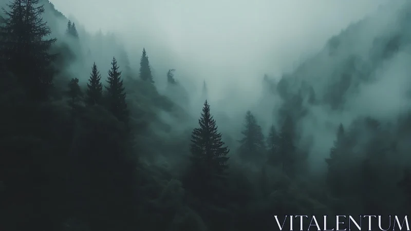 Coniferous forest shrouded in dense fog and mist