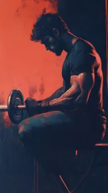 Focused weightlifter resting between sets in warm red light.