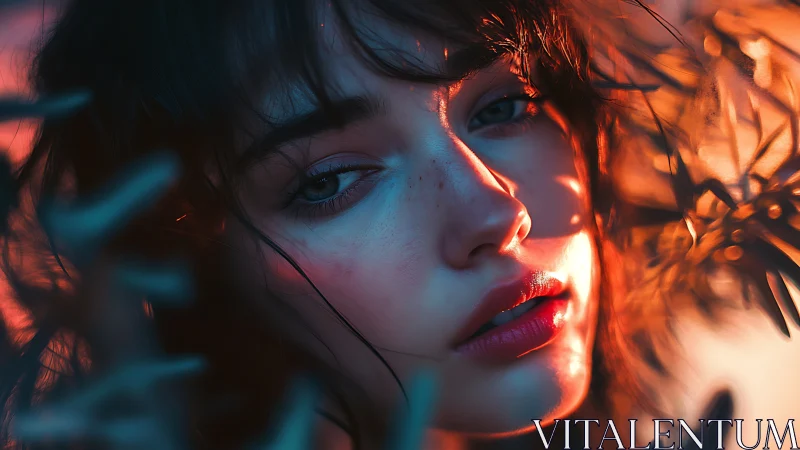 Chromatic bokeh portrait under opposing cyan and ember lighting.