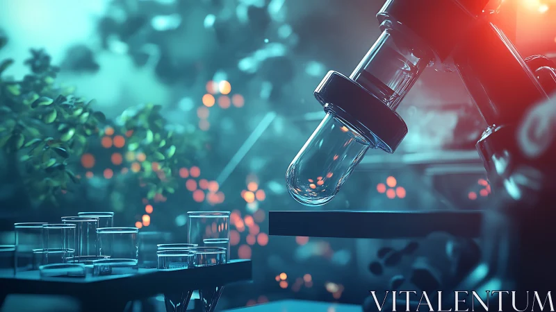 Microscope and glassware in glowing biotech lab scene.