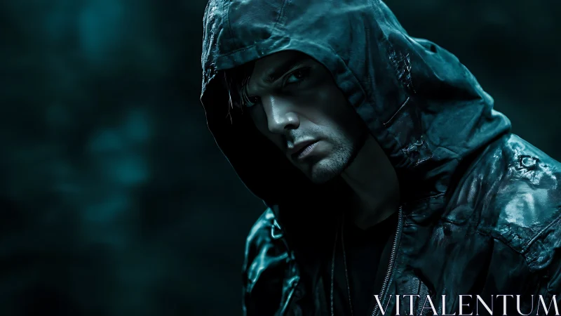 Mysterious hooded stranger in moody teal night light.