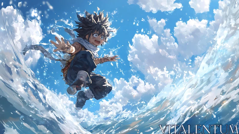 Sky-splashed boy tumbles joyfully between wave and cloud