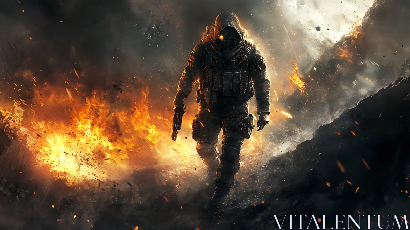 Armored tactical operative advancing through explosive firestorm