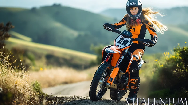 Off-road female rider on KTM motocross bike in rural sunlight.
