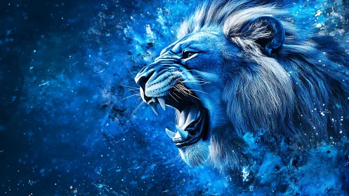 Roaring blue lion head rendered with dynamic digital effects