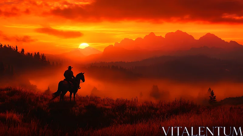 Silhouetted rider on horse overlooks vivid red mountain sunset