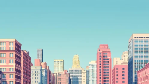 Pastel-toned midrise skyline rendered with simplified rectilinear geometry