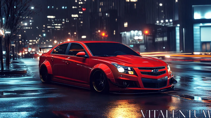 Sleek red sports sedan glows against a rainy midnight city