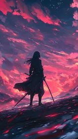 Lone sword warrior stands under vivid red storm sky.