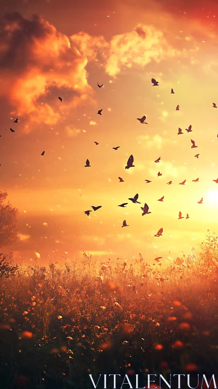 Golden-hour meadowscape captures silhouetted flock in radiant haze