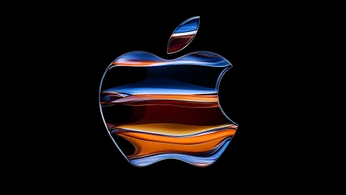 Neon Apple Logo Glowing with Blue and Orange Layered Light Streaks