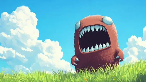 Brown cartoon creature with open mouth in grassy field.