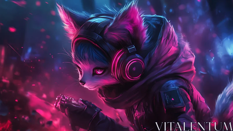 Neon fox hacker in glowing headphones prowls synthwave night.