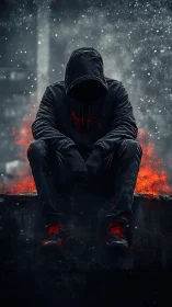 Hooded figure resting in glowing embers and gentle snowfall.