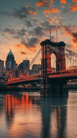 Sunlit suspension bridge reflects over calm city river.