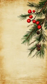 Vintage Christmas pine branch with berries on parchment border.