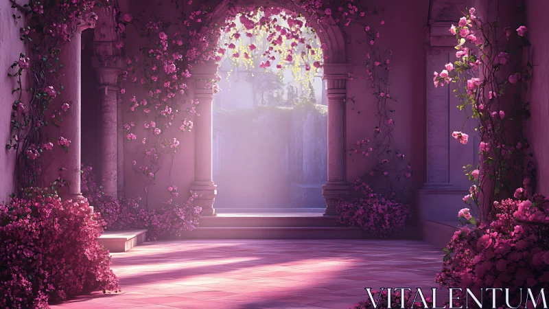 Sunlit stone archway framed by dense pink climbing roses