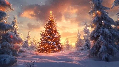Golden winter sunset with a glowing Christmas tree.