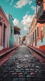 Cobbled street rises between colorful houses under clouds