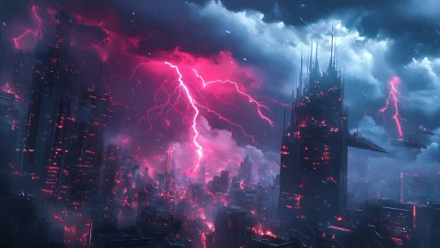 Neon storm rages above a dark futuristic megacity skyline