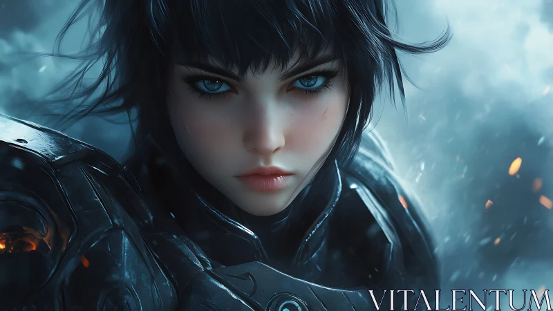 Cybernetic female warrior portrait in storm-lit exosuit