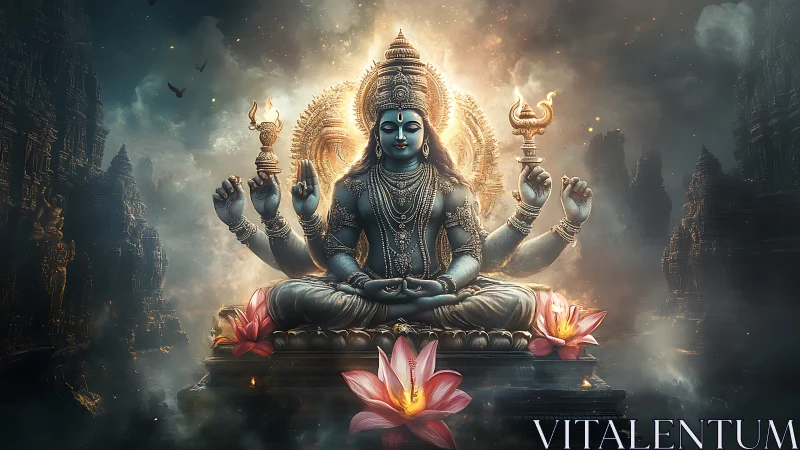 Radiant multi-armed deity in a dreamlike temple glow.