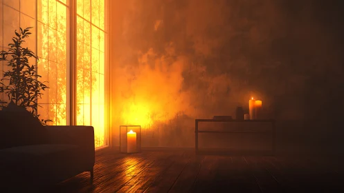 Sunset Interior with Warm Light Through Windows