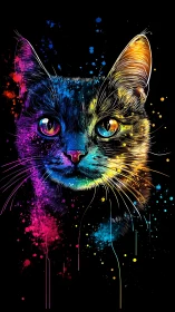 Vibrant Rainbow Cat Portrait with Neon Splashes