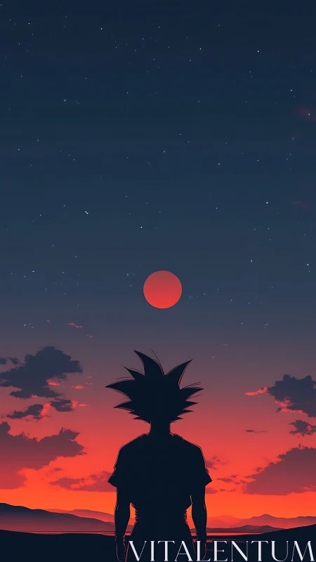Silhouetted anime figure studies red sun under star-strewn sky