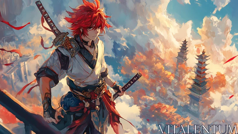 Red haired sky wanderer overlooking floating pagoda city.
