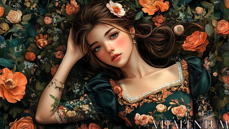 Dreaming girl in lush orange rose garden tapestry.