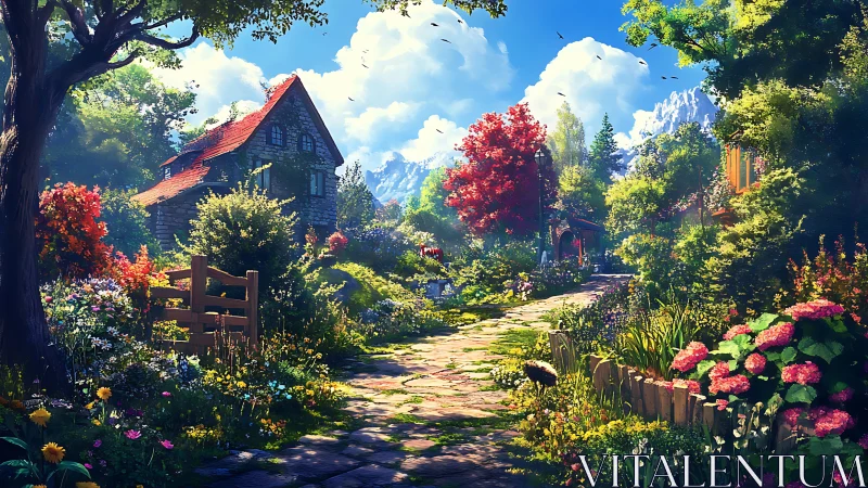 Country stone cottage on sunny flower lined garden path.