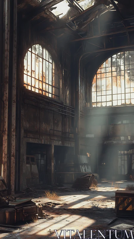 Sunlit decay inside abandoned industrial warehouse interior.