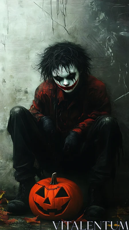 Moody clown figure with jack-o-lantern in grunge alleyway.