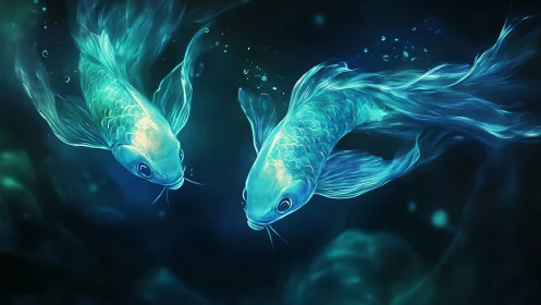 Luminous twin koi swirling through deep teal waters.