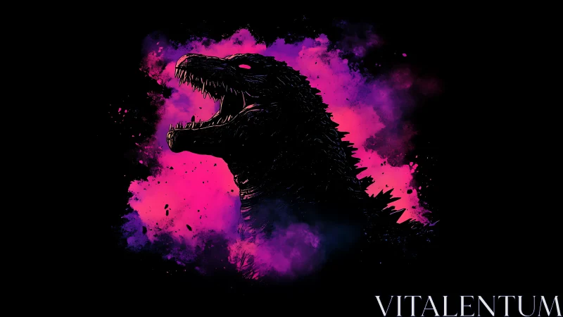 Silhouetted reptilian kaiju profile on neon vapor cloud.