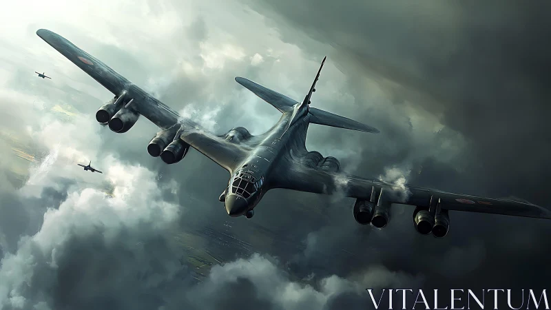 Stormbound steel bomber carves a warpath through cloud and sky.