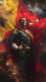 Heroic military officer stands before torn national flag