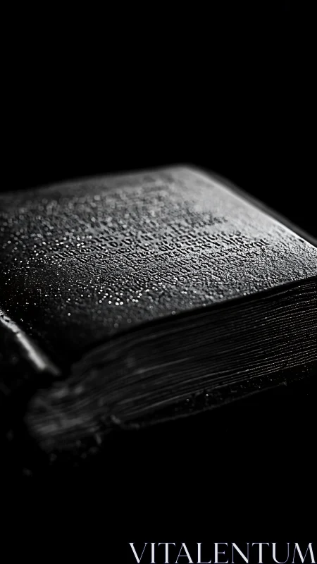 Closed wet book catches hard side light in deep shadow